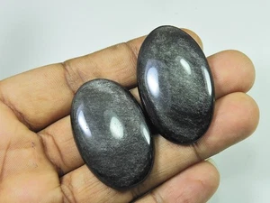 40-43MM AAA Silver Obsidian Oval Stone 2Pcs Cabochon Loose Gemstone 97Cts. - Picture 1 of 7
