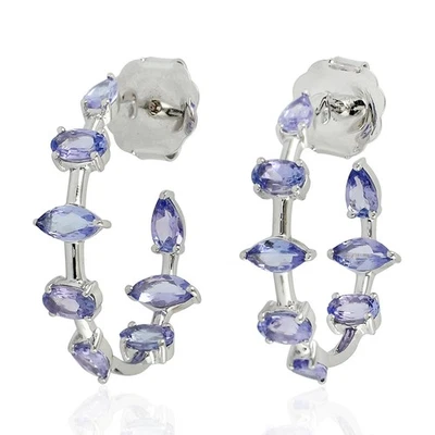 Pendiente aro tanzanita azul oro blanco macizo de 18k hecho a mano joyería para mujer Foto 1 de 4