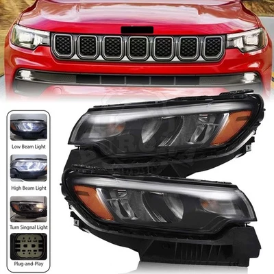 Left&Right Side Black For 2022 2023 Jeep Compass LED Headlights Assy w/o LED DRL - Image 1 of 4
