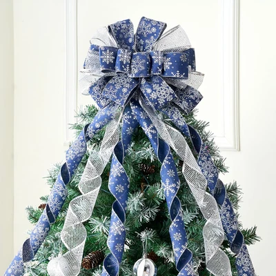 Fiocco in Pizzo per Albero Di Natale Da 45 Pollici, Fiocco Blu E Argento Con Fio - Immagine 1 di 4