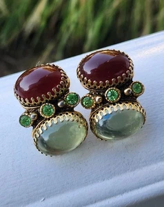Vintage Unsigned SELRO Selini Moghul Mogul Glass Cabochons Clip-on Earrings  - Picture 1 of 13