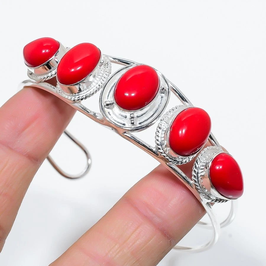Brazalete ajustable de plata de ley 925 con piedras preciosas de coral rojo Foto 1 de 1