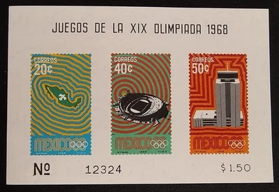 Мексиканская марка 1968 Sc 998a как новая без наклеек и следов олимпийский сувенирный лист состояние товара как показано, объедините - Изображение 1 из 2