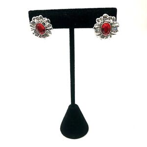 Avon Earrings Silvertone Antiqued Floral July Birthstone Ruby Red Color PushBack
