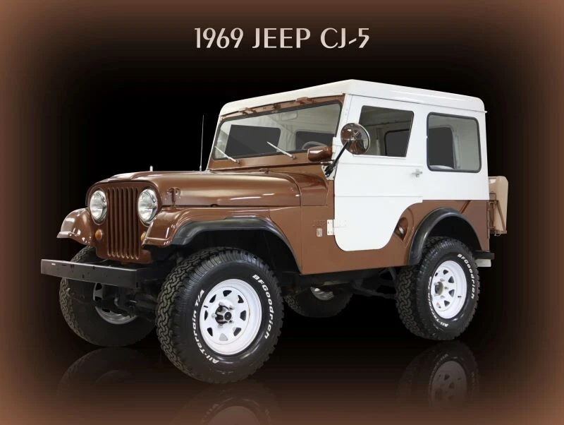 Jeep CJ-5 1969 en letrero de metal marrón y blanco: 12x16" y envío gratuito Foto 1 de 1