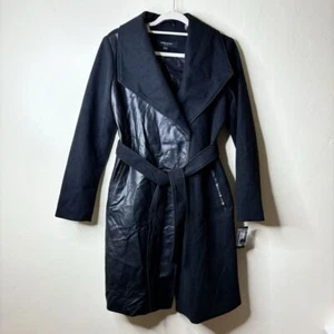 Kenneth Cole Trench Coat XS Black Mixed Media Vegan Leather Modern Capsule NWT - Picture 1 of 12