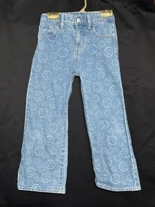 Old Navy Baggy Wide Leg Jeans Girls Size 7 Hi Rise Smiley Face Adjustable Waist - Picture 1 of 4