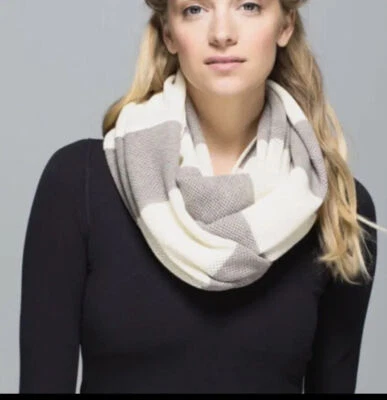Lululemon Heart Opener Infinity Scarf Striped 100% Wool Knit Beige Ivory Taupe - Image 1 of 4