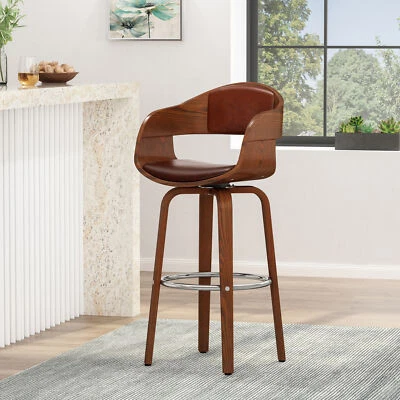 1Set PU Bar Stool 30.25" Bentwood Counter Height Swivel Bar Chairs with Arms - Image 1 of 4