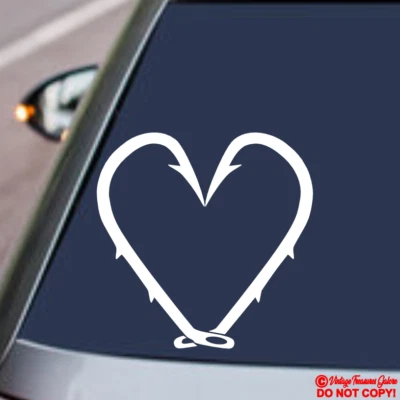 GANCHO DE PESCA CORAZÓN Vinilo Calcomanía Adhesivo Coche Ventana Parachoques Mosca Río Lago Bass Jdm Foto 1 de 2