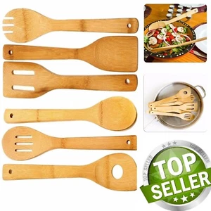 6 Piece Wooden Cooking Utensil Set Bamboo Kitchen Spatula Spoons Tools Wood Kit  - Picture 1 of 10