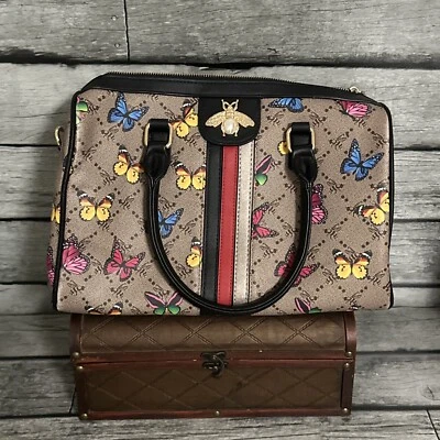 Bolso de Mano American Bee Butterflies & Bees Beige Patrón a Cuadros y Borde Negro Foto 1 de 4