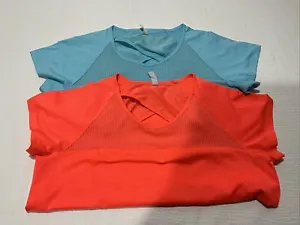Under Armour Athletic Heat Gear Shirts Lot Of 2 In Neon Orange/Neon Blue Sz L - Picture 1 of 16