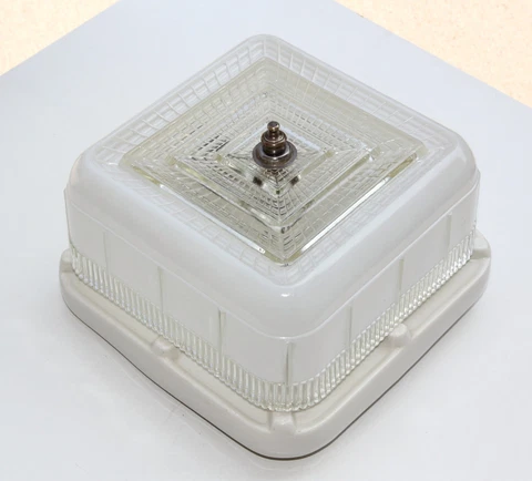 Art Deco White Porcelain Square Glass Flush 2 Light Ceiling Fixture Porcelier Co Cover