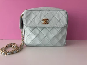 *CHANEL* Vintage Crossbody Leather Camera Bag 🩵Light Blue 🩵 24K Gold *RARE* - Picture 1 of 10
