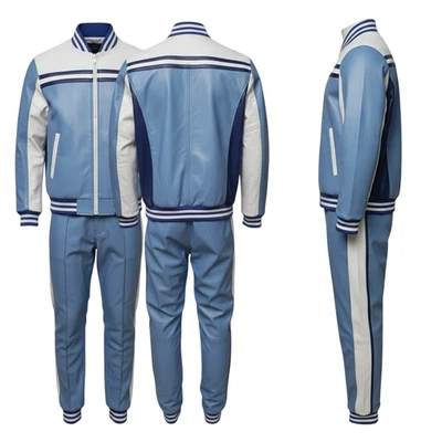 Chándal de cuero de cordero 100 % genuino para hombre [azul\blanco] | Correr Foto 1 de 4