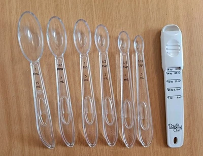2 Sets Of Pampered Chef Measuring Spoons 1 Clear Plastic Set 1 Adjustable VGC  - Image 1 of 4