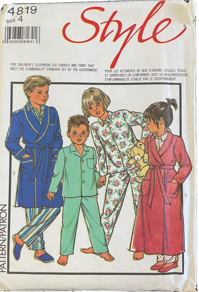 4819 Style Pattern Child Boy Girl Size 4 Robe Top Pants Dressing Gown Pajamas - Image 1 of 1