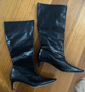 ASOS DESIGN Black Croc Wide Leg Kitten Heel Boots UK 8 / 41 - Picture 1 of 4