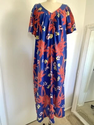 Maxi Vestido Vintage Años 70 Hawaiano Palmera Caftán Tropical Floral Mod Foto 1 de 4