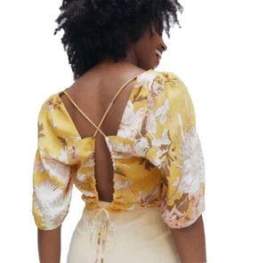H&M Floral Yellow Cropped Blouse With Adjustable Tie Small - Picture 1 of 8