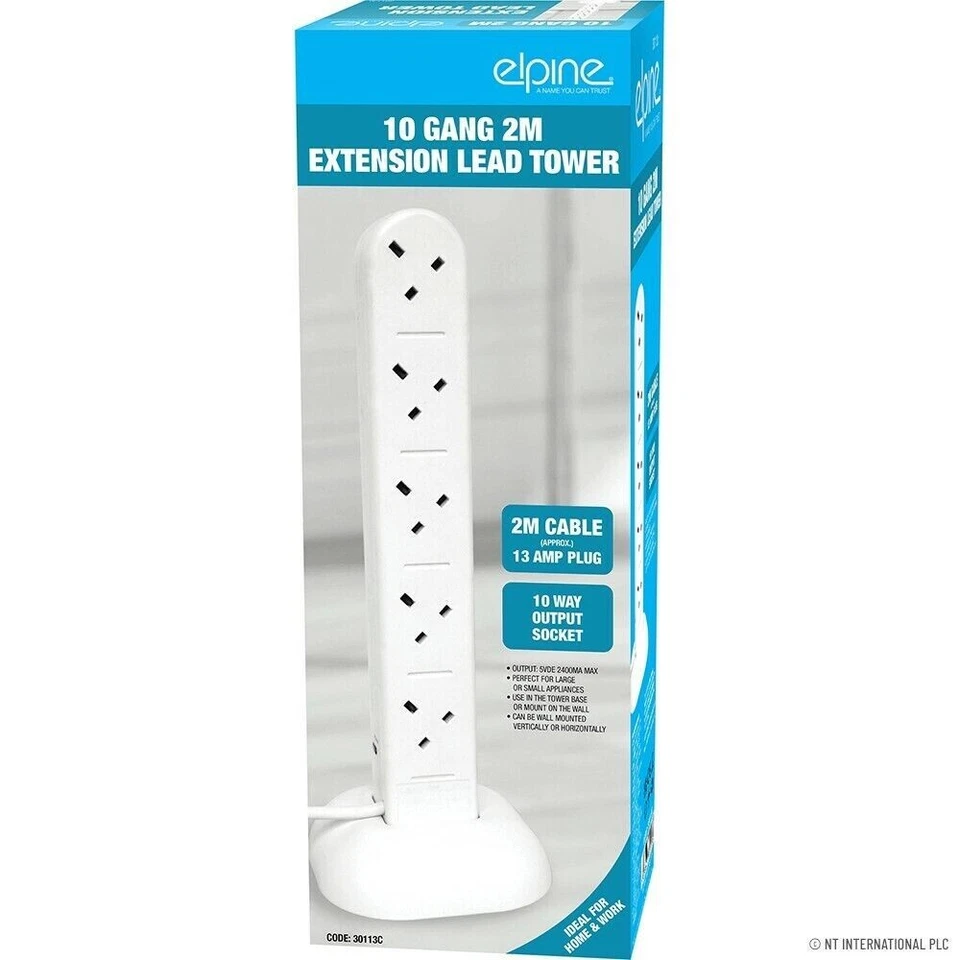 10 Gang Extension Tower Surge Protected white 2m Lead - Image 1 of 1