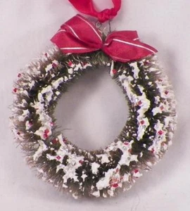 Flaschenbürste Kranz Weihnachtsdeko Schnee Glitzer rotes Band 3,75 Zoll Vintage - Bild 1 von 4