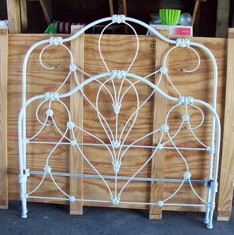 Antique Cast Iron Bed Headboard & Footboard Brass Tips, Rails & Slats Cover