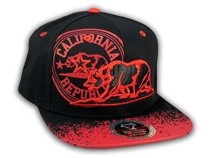 California Republic Bear Black-Red Flat Bill Snapback Hat - Picture 1 of 4