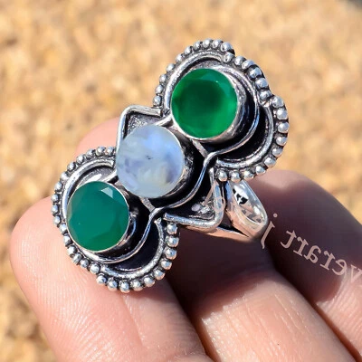 Piedra lunar arco iris genuina y ónix verde plata de ley 925 regalo para el día del padre Foto 1 de 4