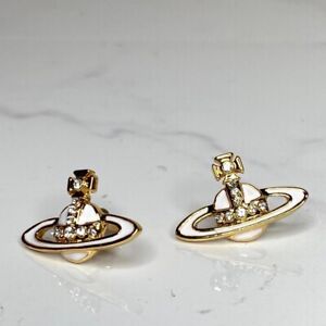 Vivienne Westwood Gold & White Enamel Crystal Orb Logo Stud Earrings