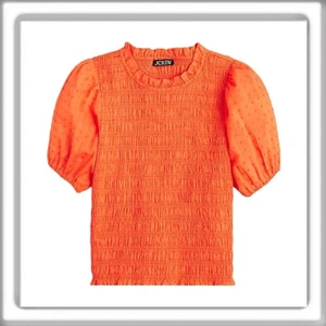 J. Rundhals Puffärmel strukturiertes Voile gesmoktes Oberteil Rüschenausschnitt orange Größe Small - Bild 1 von 11