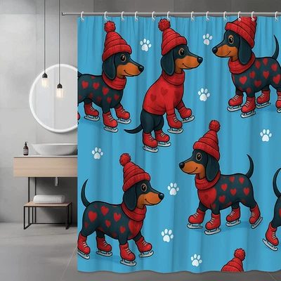 Linda Cortina de Ducha Dachshund con Corazones y Patines - Divertida Decoración para Perros Foto 1 de 4