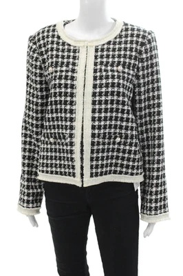 Tahari Womens Plaid Hook Closure Cardigan Sweater Black White Cotton Size Medium - Image 1 of 4