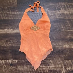 Vintage cache Y2K Orange Baby Doll Beaded 100% Silk Halter Top Shirt Sz 2 Small - Picture 1 of 10