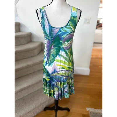 Vintage 90s Jams World Blue Green Purple Tropical Print Flutter Hem Shift Dress - Image 1 of 4