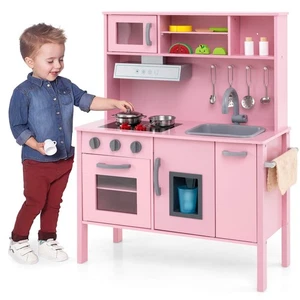 Kids Kitchen Playset Wooden Pretend Play Chef Toy w/ Microwave & Accessories - Picture 1 of 11