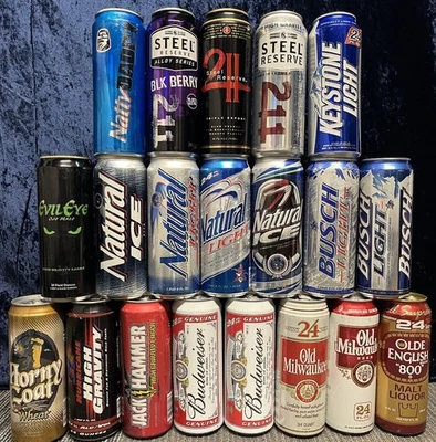 Lot 20 Pull Tab 24oz BEER CANS Steel Reserve 211 BUSCH Budweiser HORNY GOAT More - Image 1 of 4