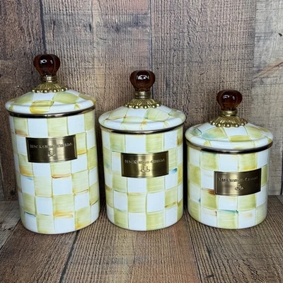 MacKenzie Childs Check Enamel Canister Amber Knob Set Of 3 - Image 1 of 4