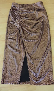 Sexy MaxiRock Bleistiftrock 38 Gold Schwarz Glitzer Raffung Schlitz Dehnbund NEU - Bild 1 von 4