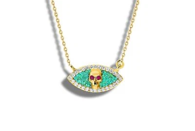 Alp Sagnak Necklace 14 K Yellow Gold Skull Pendant Diamonds Sapphires Turquoise - Image 1 of 4