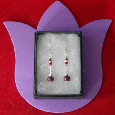 Beautiful Earrings With Indian Ruby & Crystal Beads 3.5 Gr.3.5 Cm. Long + Hooks  - Image 1 of 4