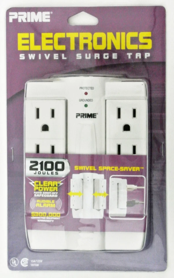 Prime Six-Outlet 2100 Joule Swivel Space-Saver Surge Protector w Alarm & Shutoff - Image 1 of 1