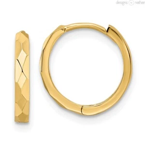 Real 14K Yellow Gold Faceted Snug Hinged Huggie Hoop Earrings 2 x 14 mm 1.5 g - Picture 1 of 9