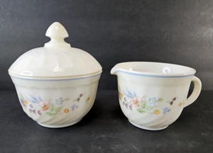 Arcopal Victoria Creamer Sugar Bowl with Lid France Blue Trim Floral Swirl MINT - Picture 1 of 8