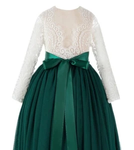 V-Back Lace Flower Girl Dress with Sleeves Communion Dress Girls Formal Dresses - Picture 1 of 21