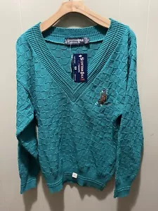VTG Scottish Isle Sweater Adult Sz Med Green Golf Pullover 90s USA Mens V Neck - Picture 1 of 7