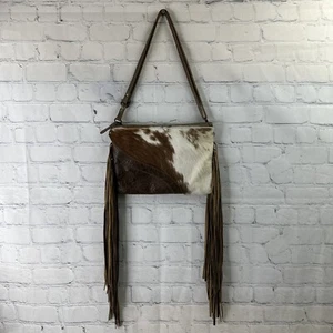 Myra Bag Leather ,Floral Canvas & Cowhide Whipstitch Fringe Crossbody W/ Wallet - Picture 1 of 14
