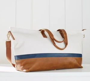 Pottery Barn Ainsley Leather Weekender Bag - Navy/Tan/White - Picture 1 of 14