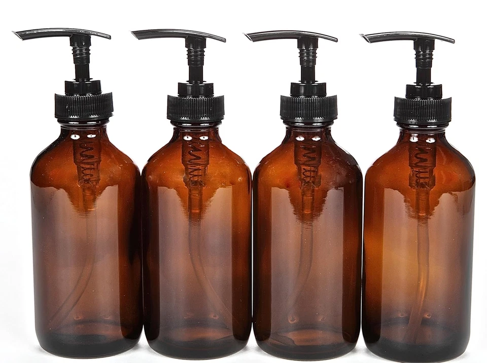 , 4, Large, 8 Oz, Empty, Amber Glass Bottles with Black Lotion Pumps - Image 1 of 4